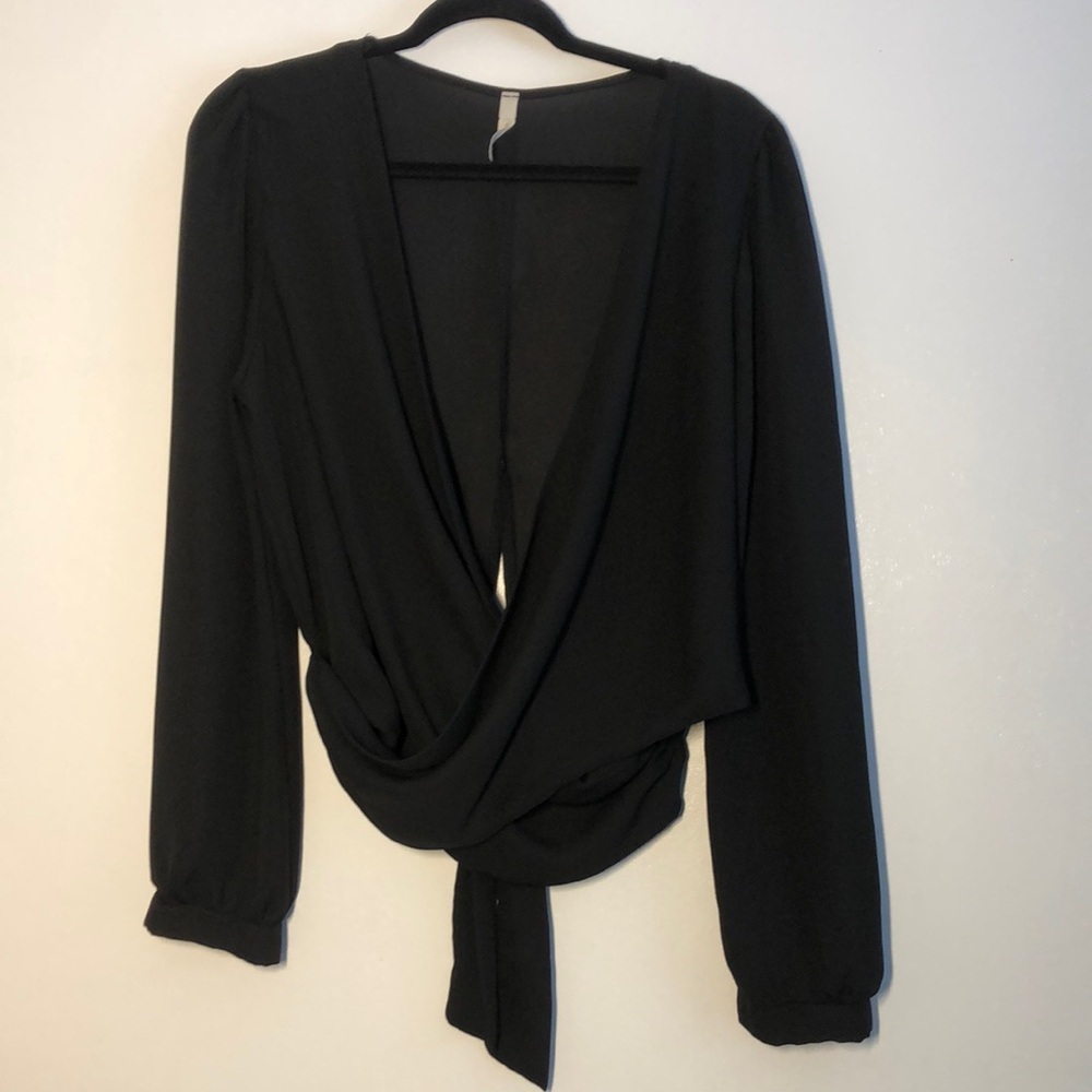 Chocolate Womens Sheer Blouse Size L Wraparound Black Formal